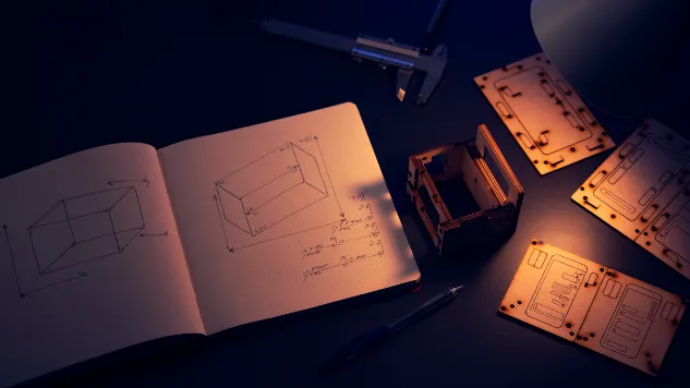 A notebook of pencil sketches planning a laser-cut box builder app beside laser-cut plywood panels, a half-built box and calipers under a desk lamp